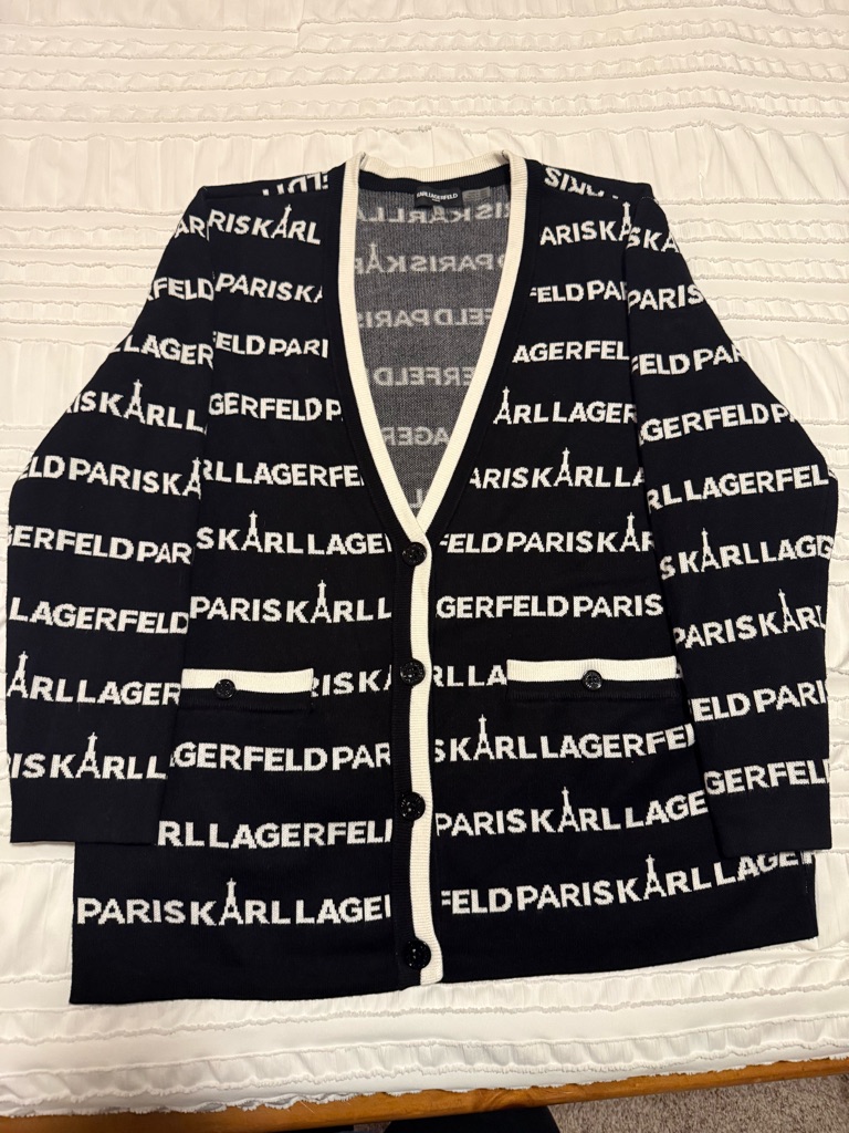 Karl Lagerfeld Black And White Logo Cardigan With Contrast Trim